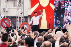 Zoran Zaev, leader du parti d'opposition SDSM, à la manifestation du 17 mai